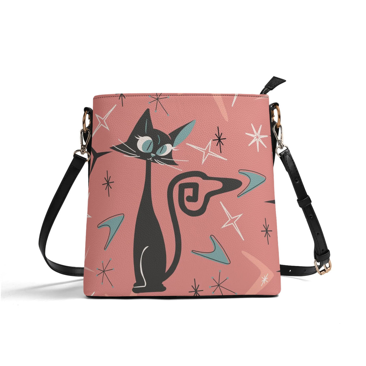 Mid Mod Atomic Cat Summer Coral, Kitschy Fun Trendy Bucket Bag - Mid Century Modern Gal