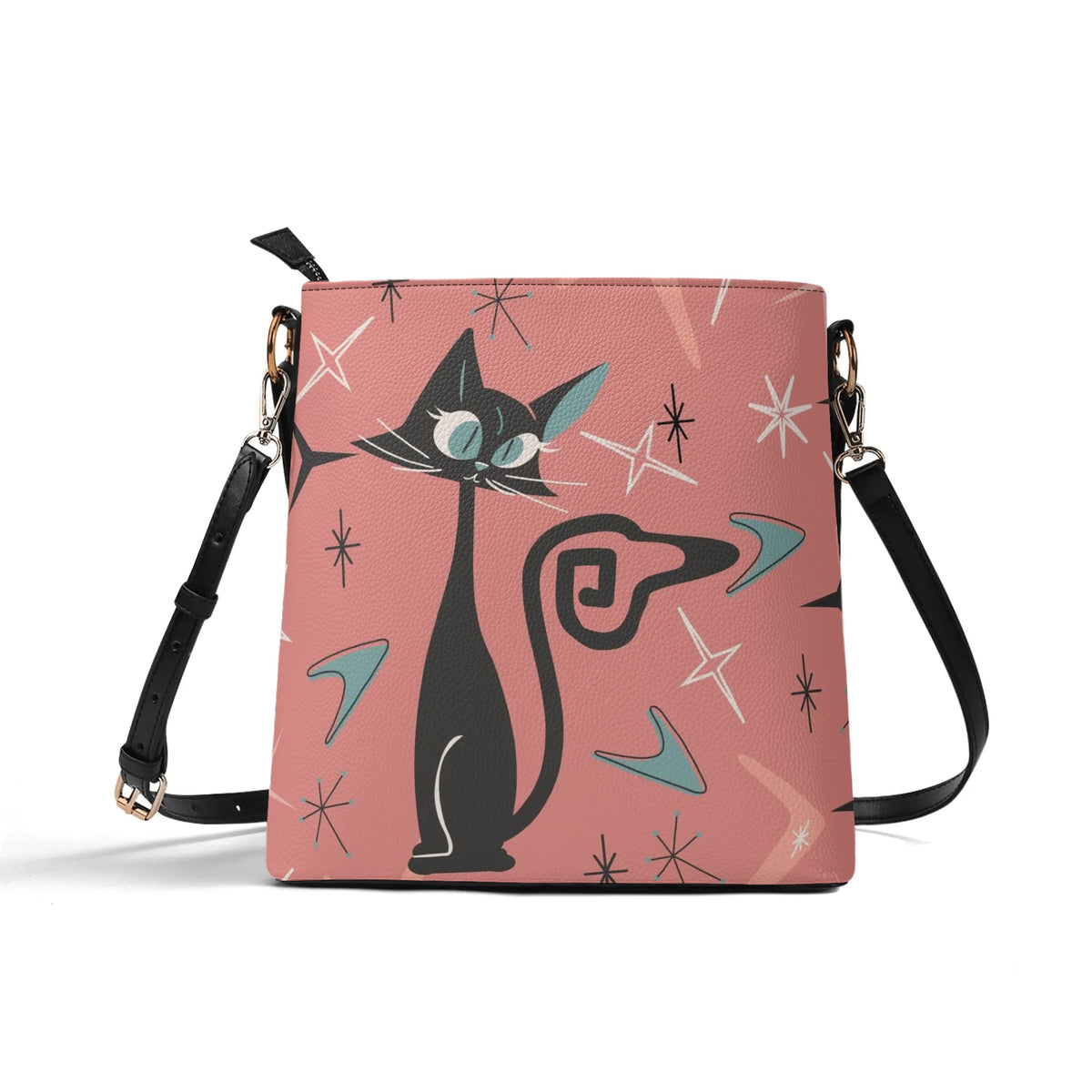 Mid Mod Atomic Cat Summer Coral, Kitschy Fun Trendy Bucket Bag - Mid Century Modern Gal