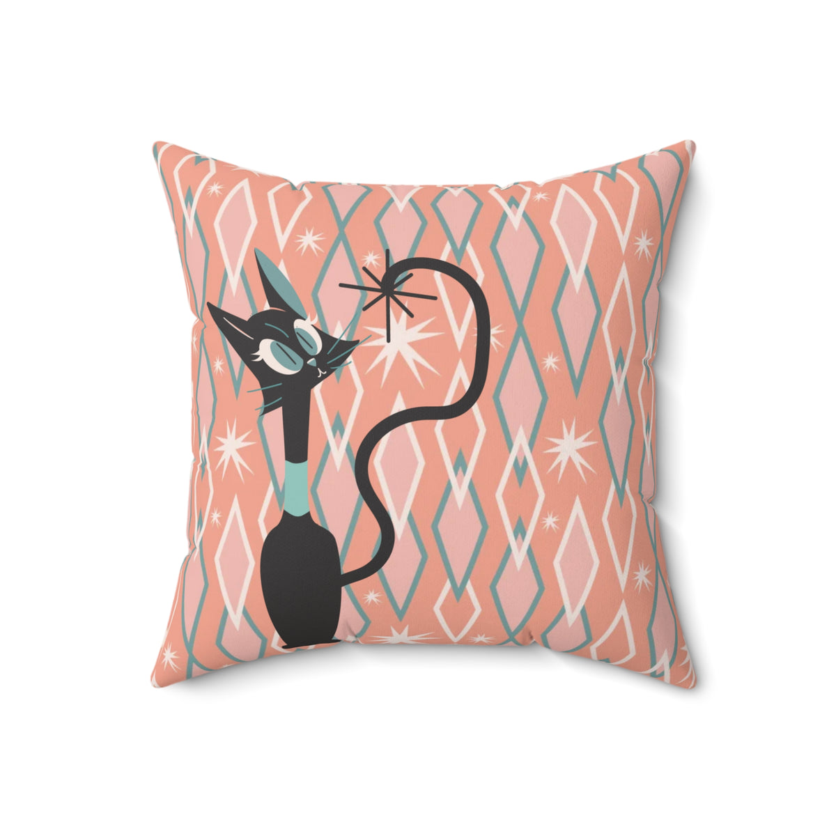 Atomic Cat, Quirky Kitsch Mid Century Modern Diamond Pattern Pillow And Insert - Mid Century Modern Gal