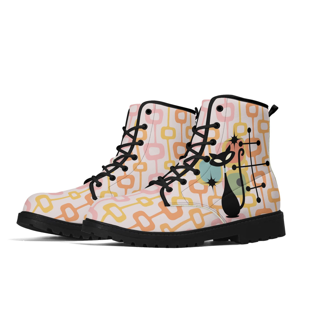 Atomic Cat, Retro Mid Mod, Pink, Orange, Yellow Geometric Hip Womens Boots