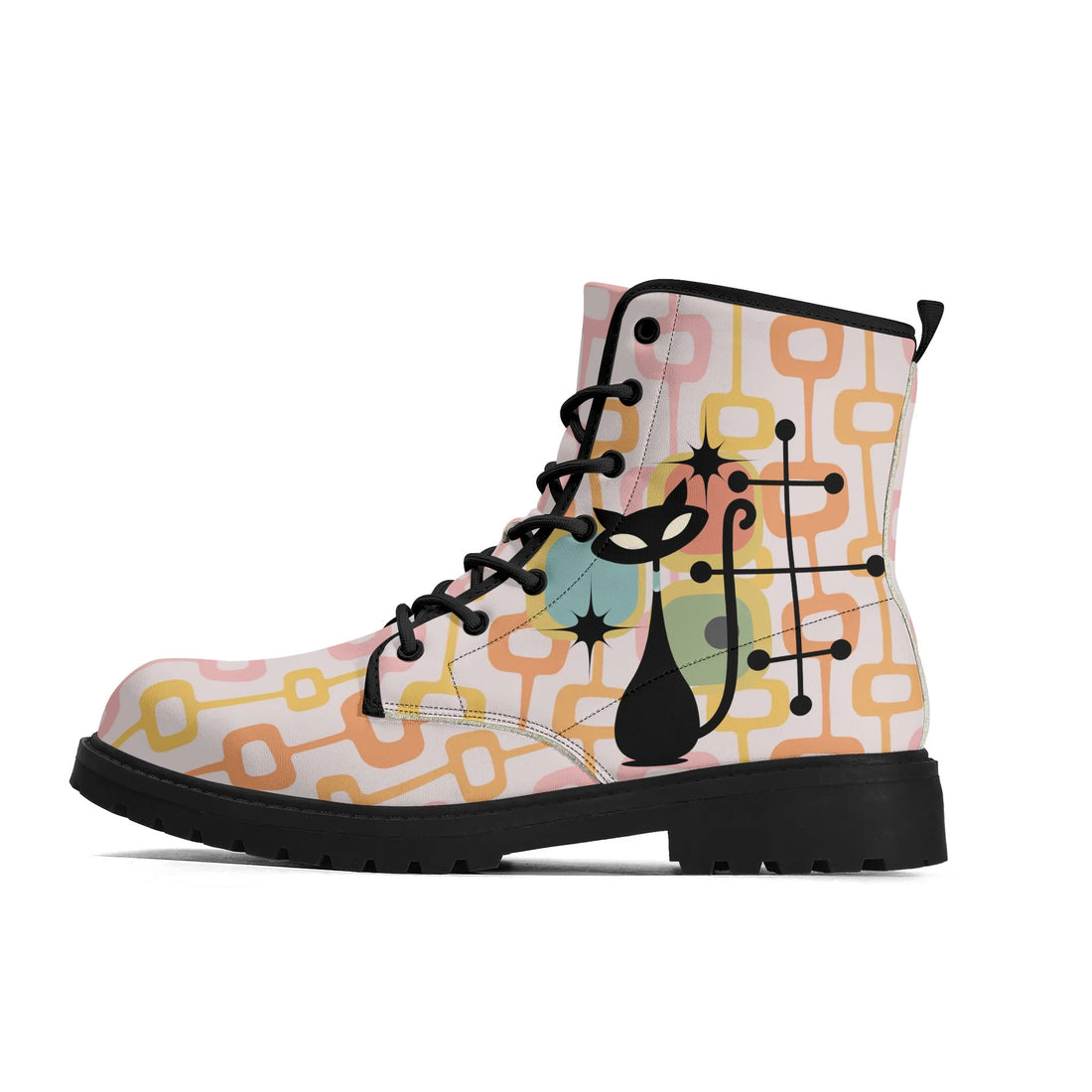 Atomic Cat, Retro Mid Mod, Pink, Orange, Yellow Geometric Hip Womens Boots - Mid Century Modern Gal