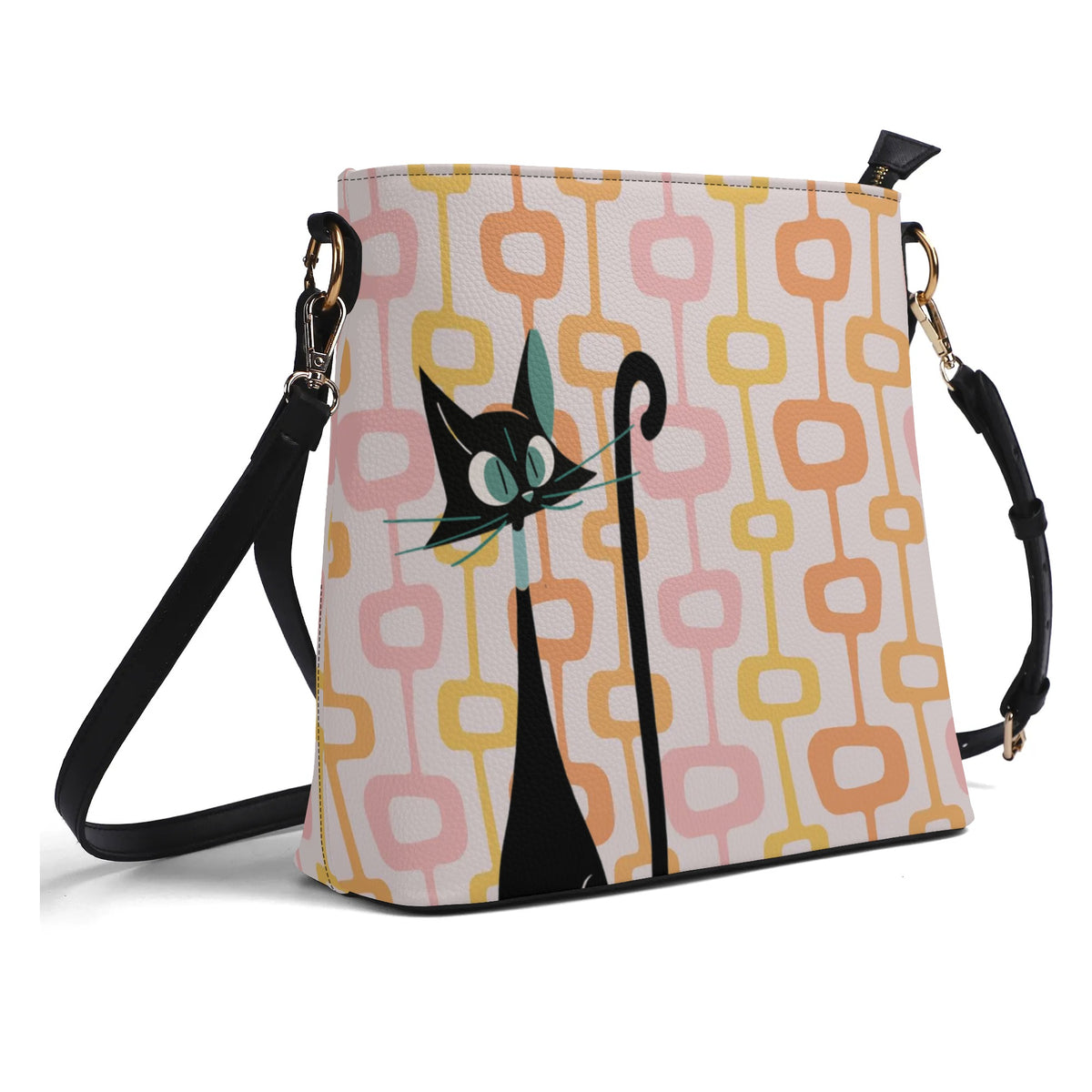 Atomic Cat, Mid Mod Geometric Retro Bucket Bag - Mid Century Modern Gal