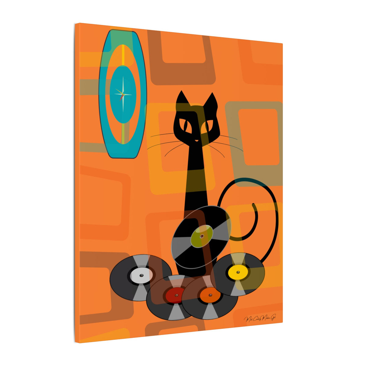 Atomic Cat Retro Groovy Records Mid Century Modern Orange Geometric, Canvas Gallery MCM Mid Mod Wall Art - Mid Century Modern Gal