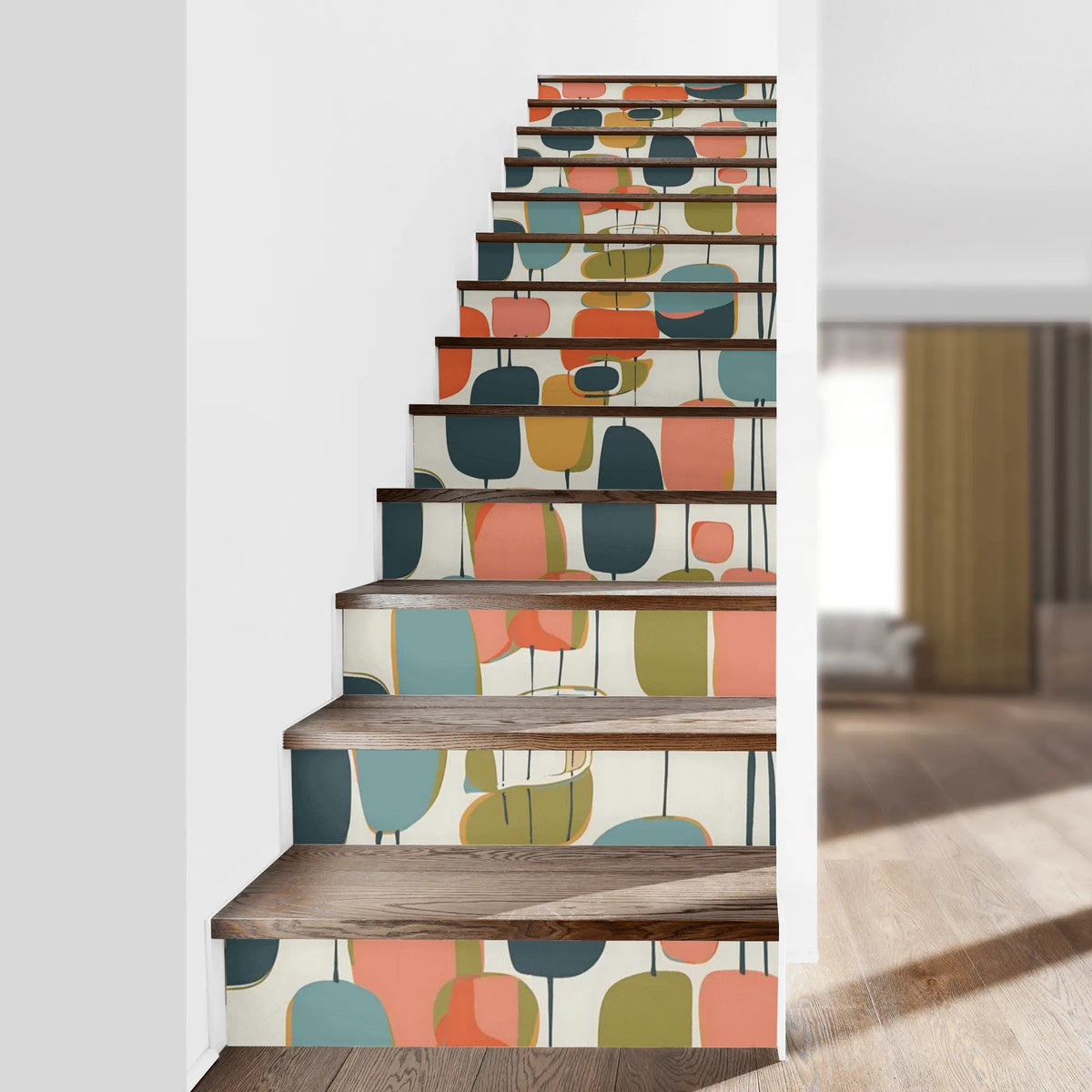Mid Century Modern Peel And Stick Stair Risers In Geometric Shapes, Abstracts Colorful Retro Stairs Stickers - Mid Century Modern Gal