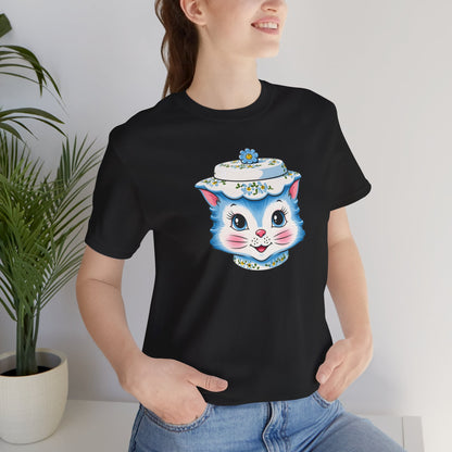 Mid Century Modern Kitschy Anthropomorphic Blue Cat with Floral Hat Unisex T-Shirt
