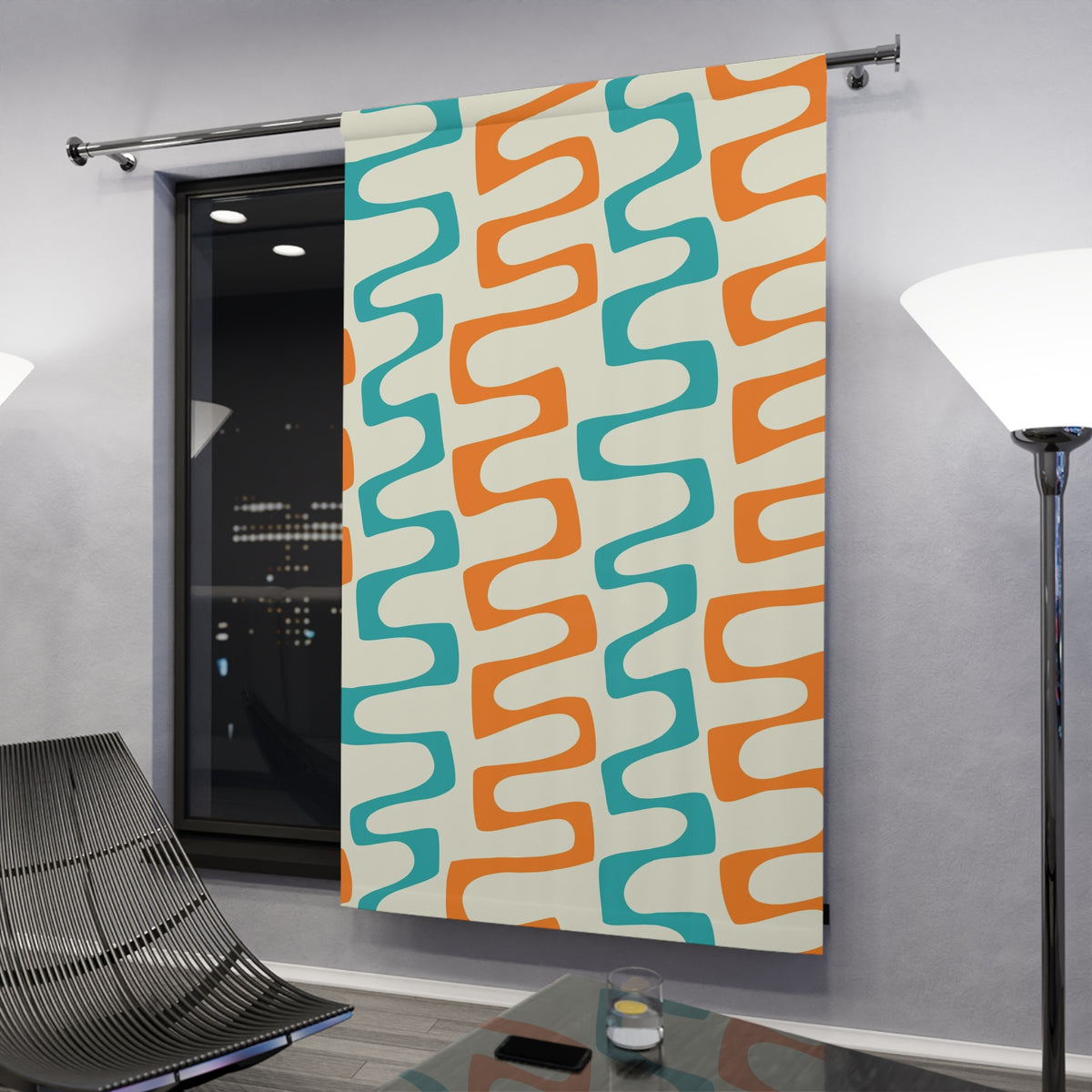 Mid Century Modern Window Curtain, Orange, Teal Geometric Groovy MCM Bedroom, Livingroom Blackout Curtain - Mid Century Modern Gal