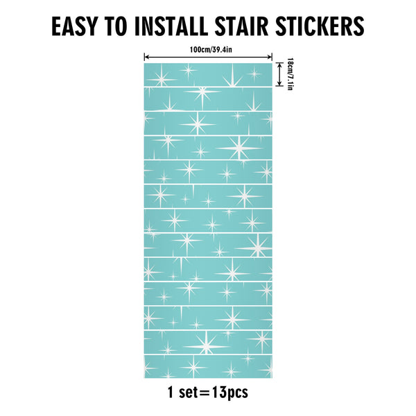 Atomic Starbursts, Aqua Blue Mid Century Modern Peel And Stick 13Pcs Stairs Riser Stickers
