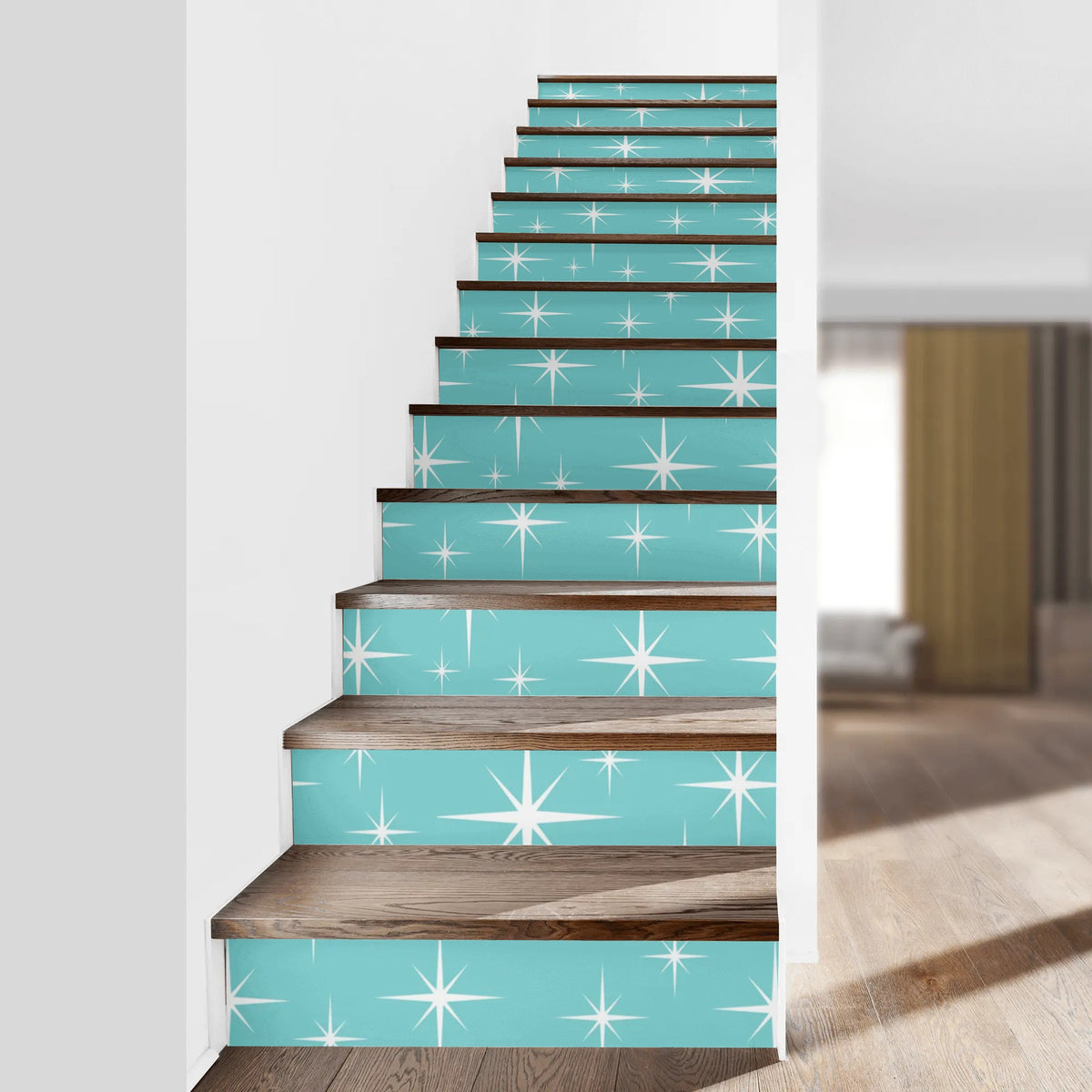 Atomic Starbursts, Aqua Blue Mid Century Modern Peel And Stick 13Pcs Stairs Riser Stickers - Mid Century Modern Gal