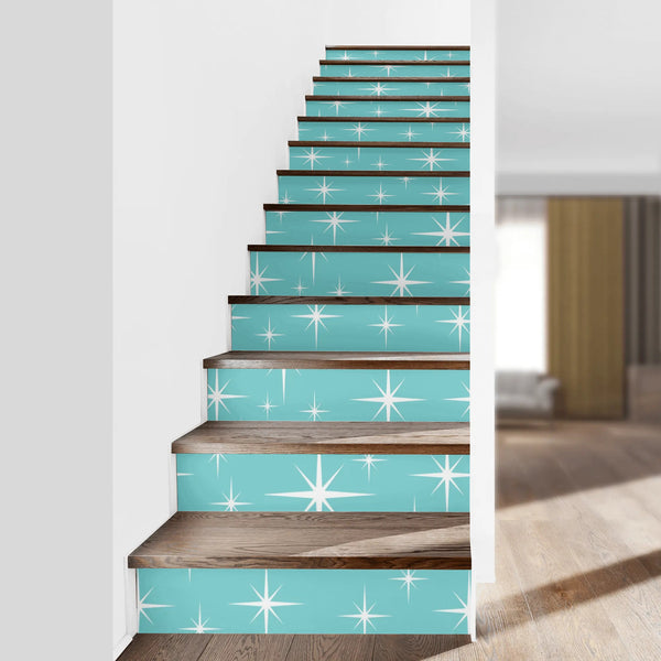 Atomic Starbursts, Aqua Blue Mid Century Modern Peel And Stick 13Pcs Stairs Riser Stickers