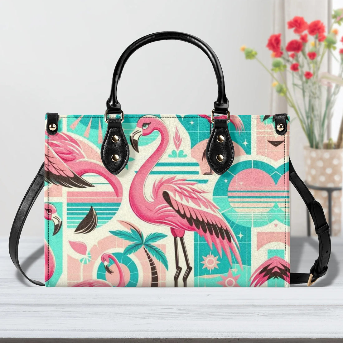 1950s Flamingo, Kitschy Style, Palm Springs Style, Mid Mod Luxury Women Handbag - Mid Century Modern Gal