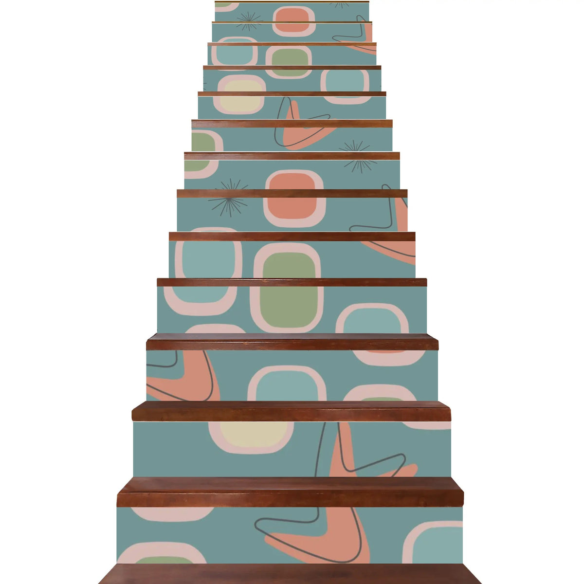 Atomic Boomerangs, Mid Century Modern Geometric Blue, Green, Coral, MCM Peel And Stick 13Pcs Stairs Stickers - Mid Century Modern Gal