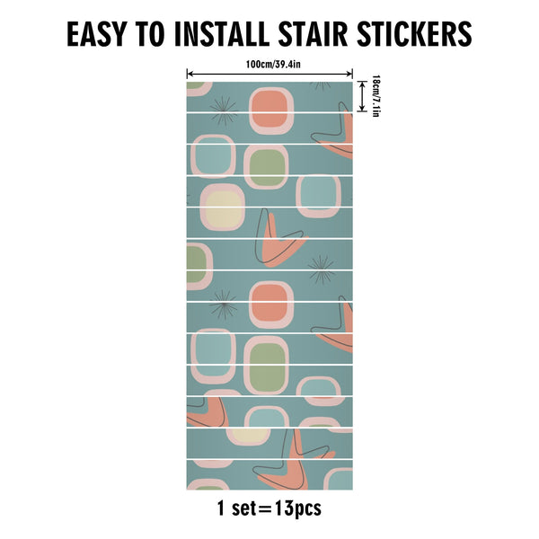 Atomic Boomerangs, Mid Century Modern Geometric Blue, Green, Coral, MCM Peel And Stick 13Pcs Stairs Stickers