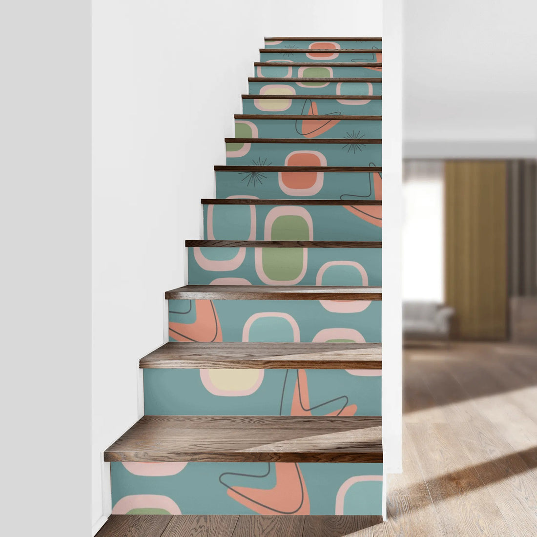 Atomic Boomerangs, Mid Century Modern Geometric Blue, Green, Coral, MCM Peel And Stick 13Pcs Stairs Stickers