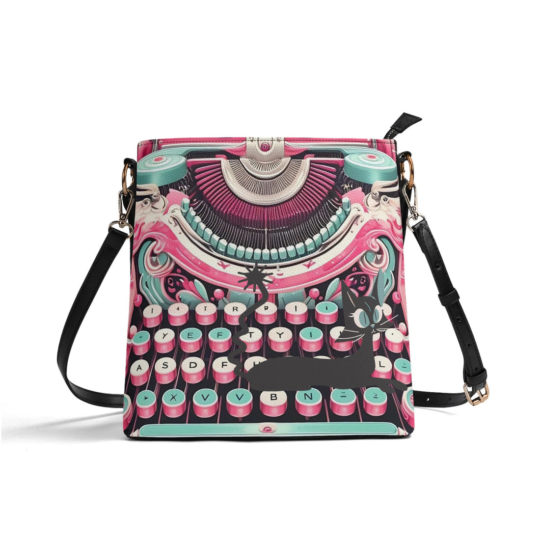 Retro Typewriter Bucket Bag, Kitschy Atomic Cat, Pink Purse