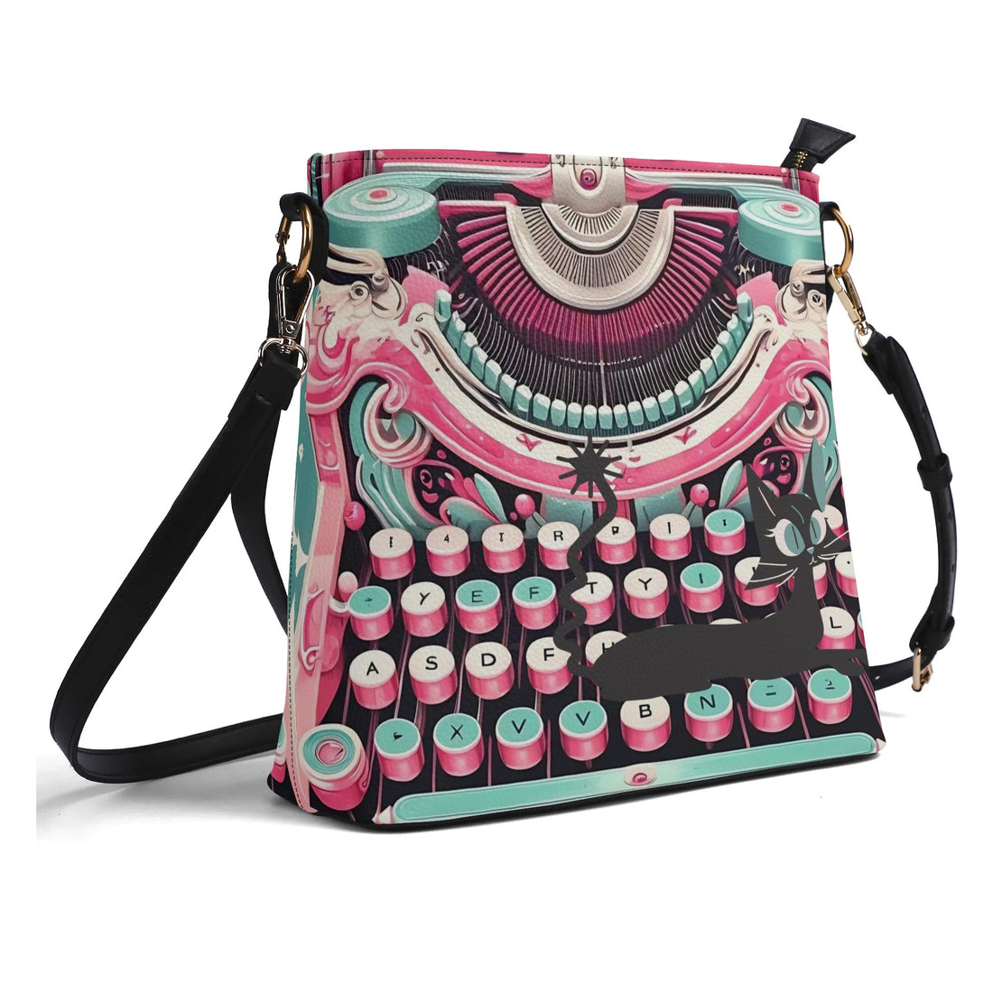 Retro Typewriter Bucket Bag, Kitschy Atomic Cat, Pink Purse