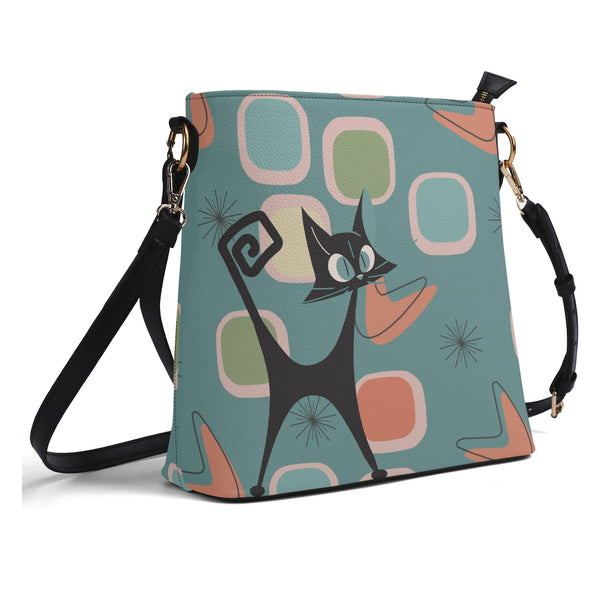 Mid Mod Atomic Cat, Light Teal, Kitschy Fun Retro Bucket Bag