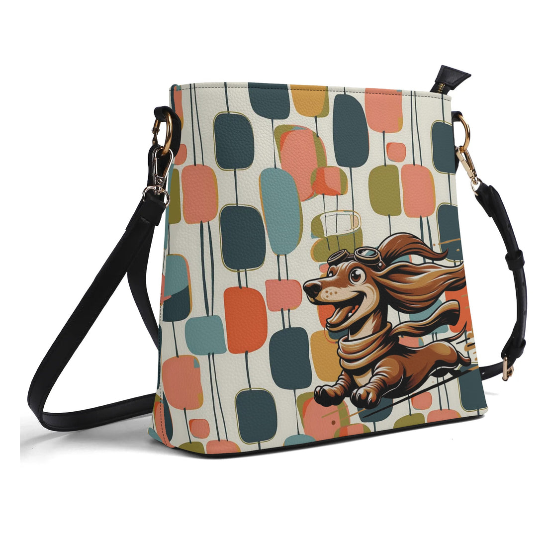 Mid Mod Bucket Bag, For Doxie Mom, Dachshund Lover, Kitschy Fun Atomic Retro Bucket Bag