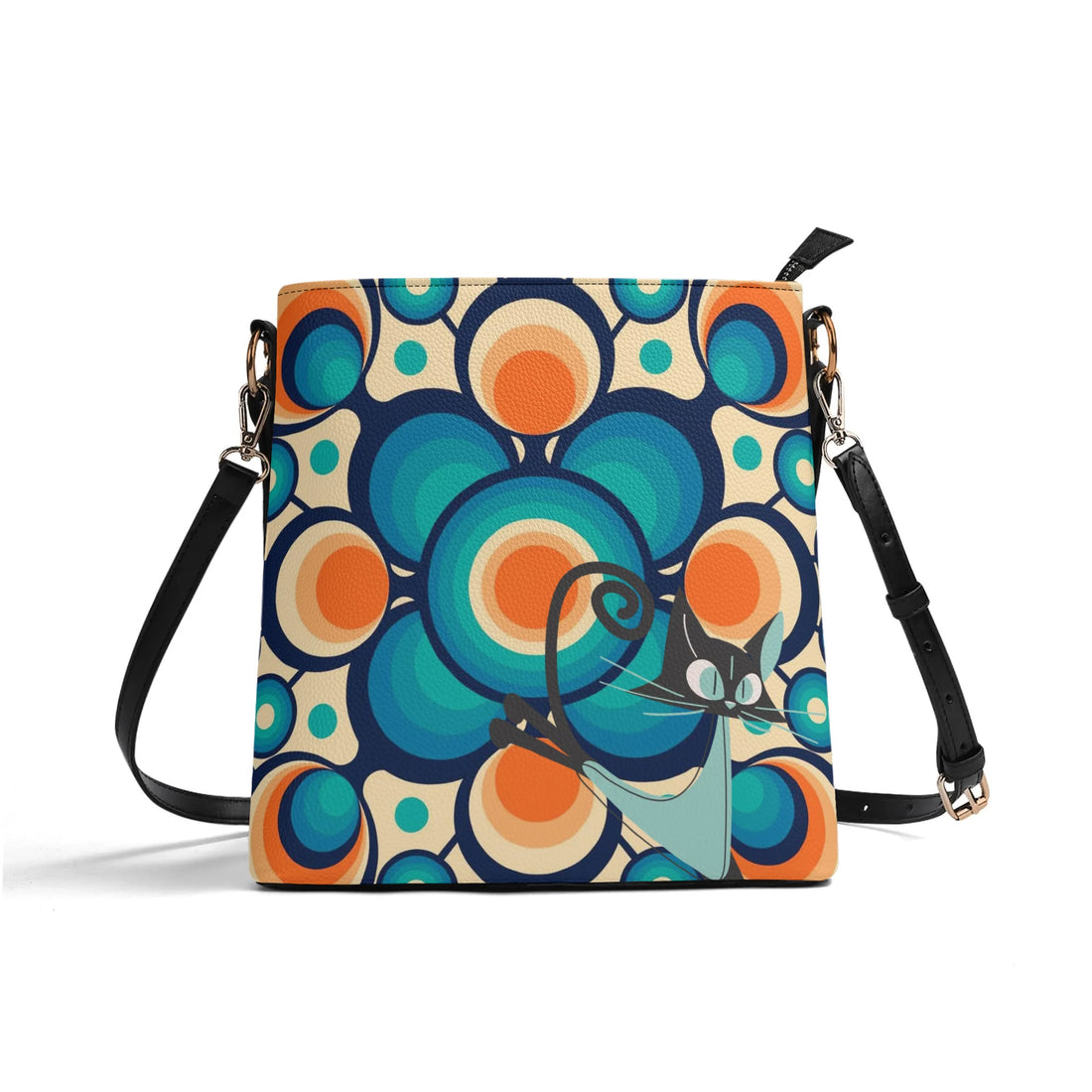 Funky Shoulder Bag, Groovy Retro Orb, Atomic Space Cat Kitschy Bucket Bag