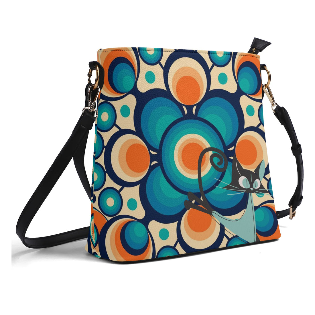 Funky Shoulder Bag, Groovy Retro Orb, Atomic Space Cat Kitschy Bucket Bag