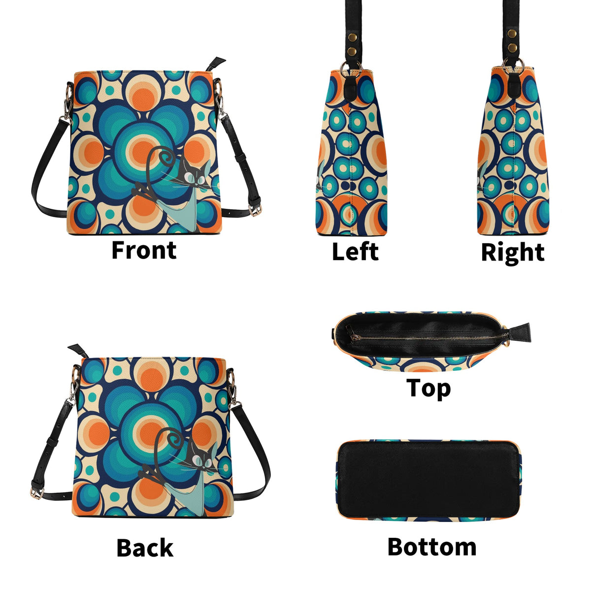 Funky Shoulder Bag, Groovy Retro Orb, Atomic Space Cat Kitschy Bucket Bag - Mid Century Modern Gal