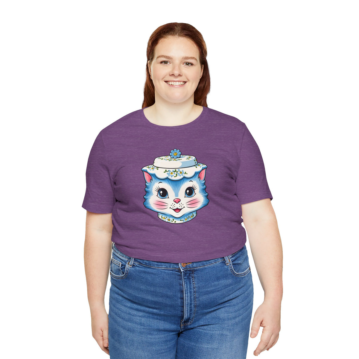 Mid Century Modern Kitschy Anthropomorphic Blue Cat with Floral Hat Unisex T-Shirt