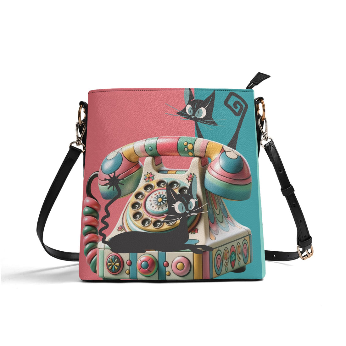 Atomic Cat Quirky Kitschy Retro Rotary Phone Bucket Bag - Mid Century Modern Gal