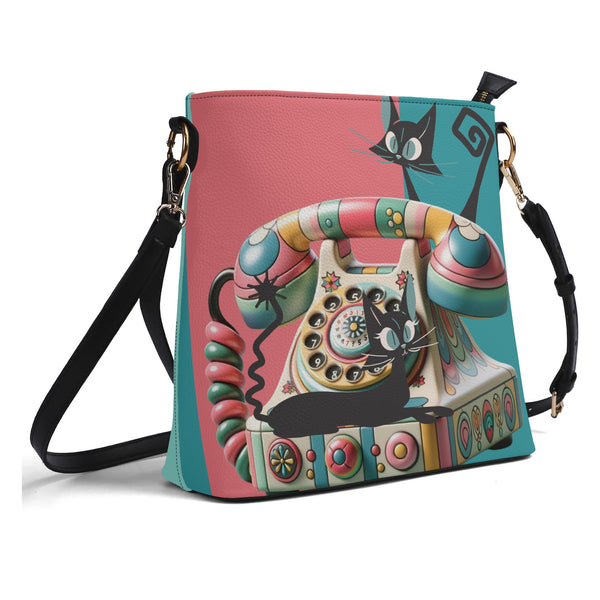 Atomic Cat Quirky Kitschy Retro Rotary Phone Bucket Bag