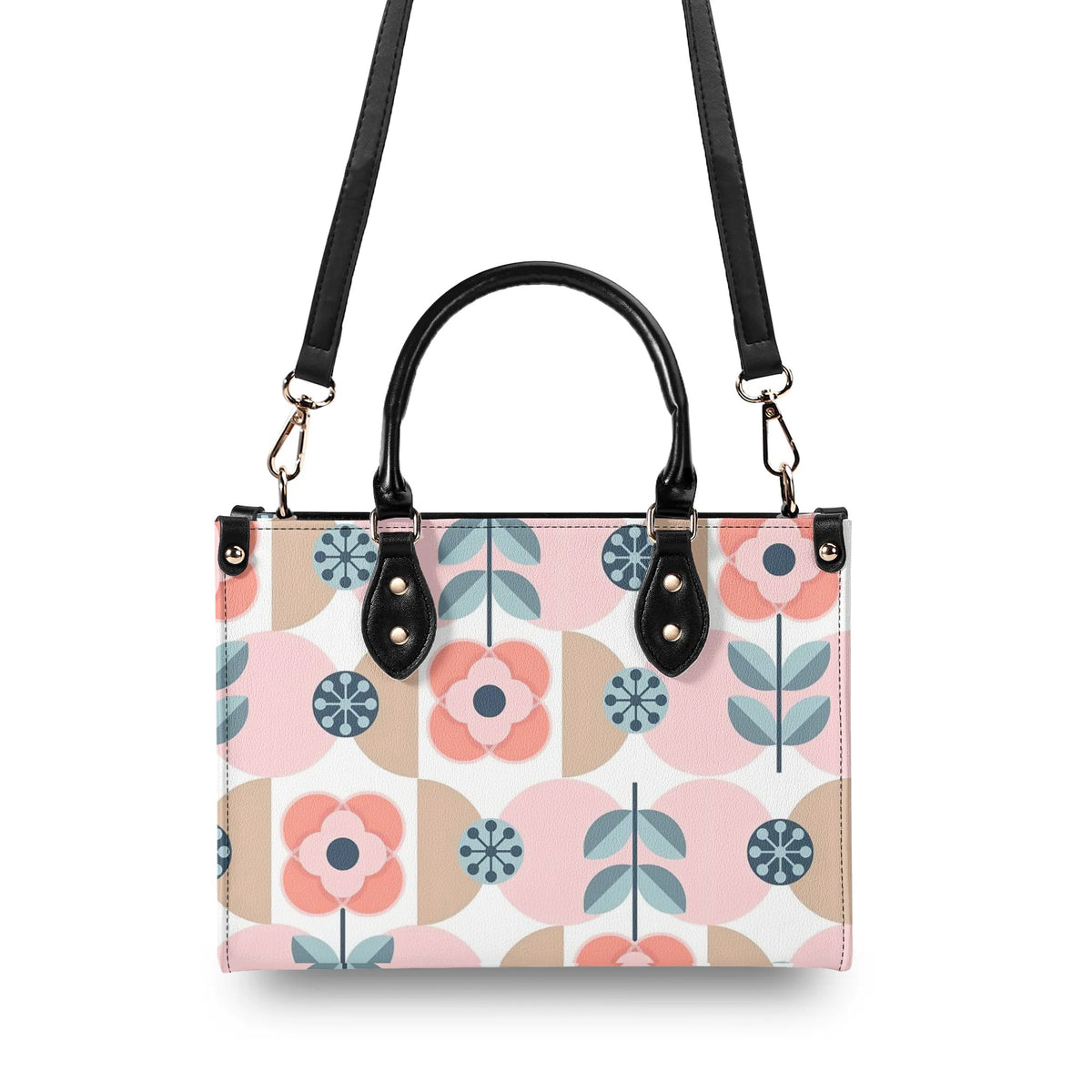 Designer Handbag With Scandinavian Pink, Blue Retro Floral, Mod Summer Handbag - Mid Century Modern Gal