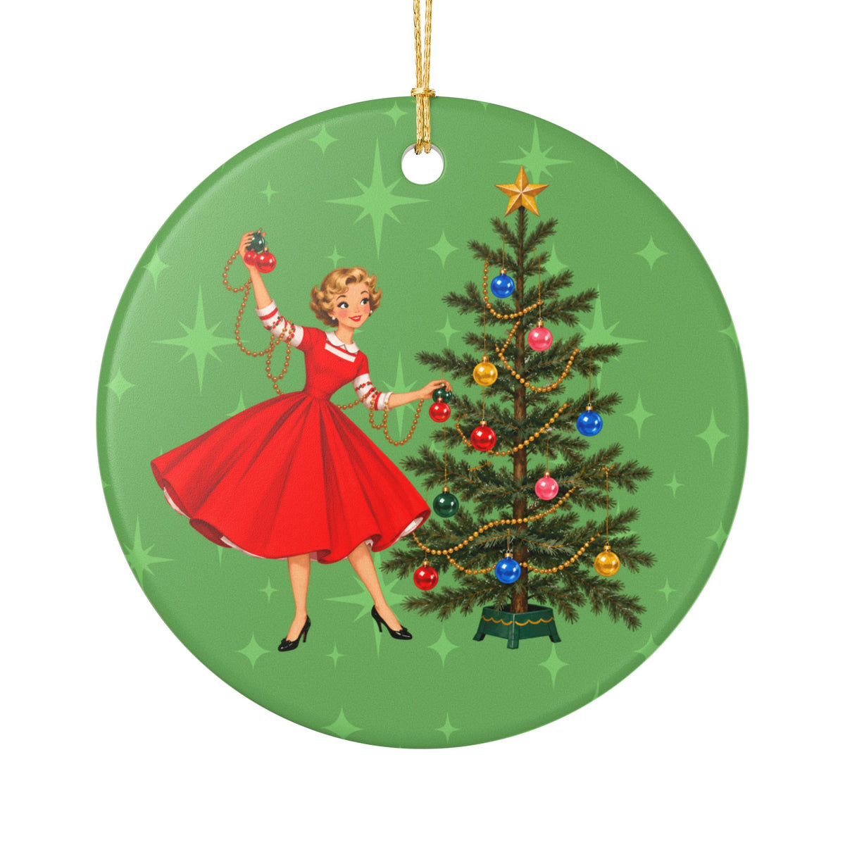 Mid Century Modern Gal Decorating Christmas Tree, Green Atomic Starbursts Ceramic Christmas Tree Ornament - Mid Century Modern Gal