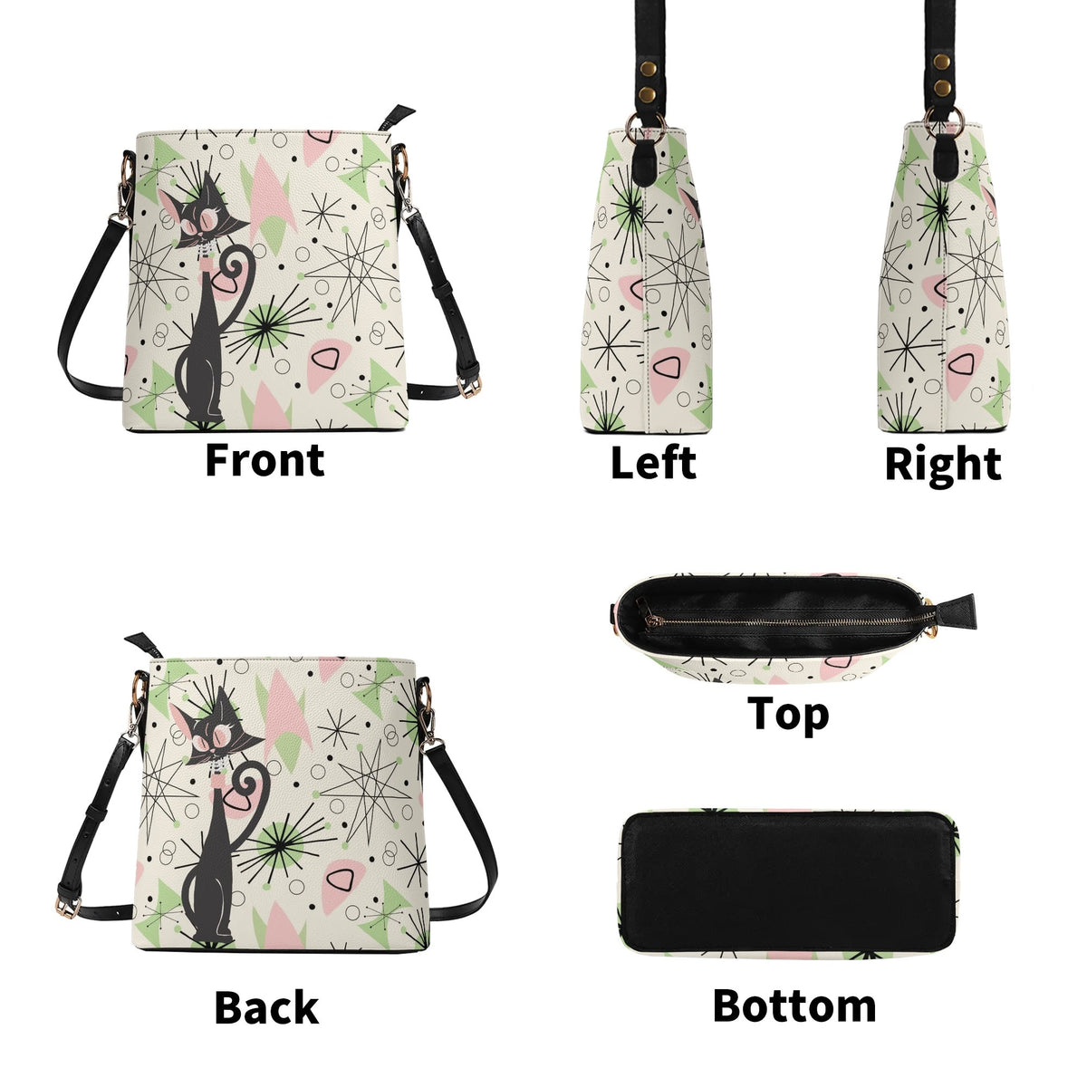 Atomic Cat Bucket Bag, Astro Atomic 50s Kitschy Style - Mid Century Modern Gal