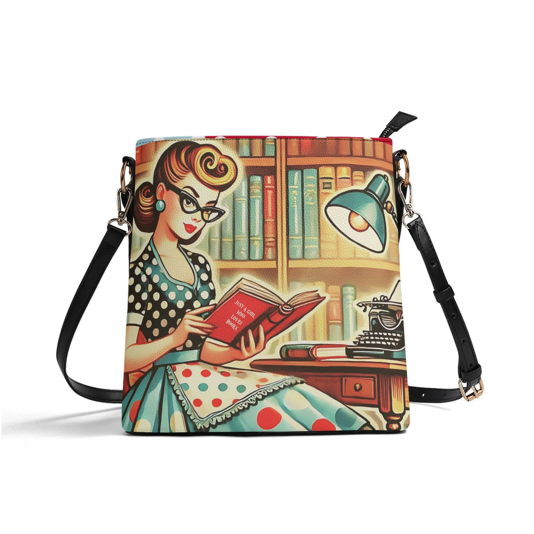 Just A Girl Who Loves Books Retro Bucket Bag, Kitschy Fun Book Lover Bag