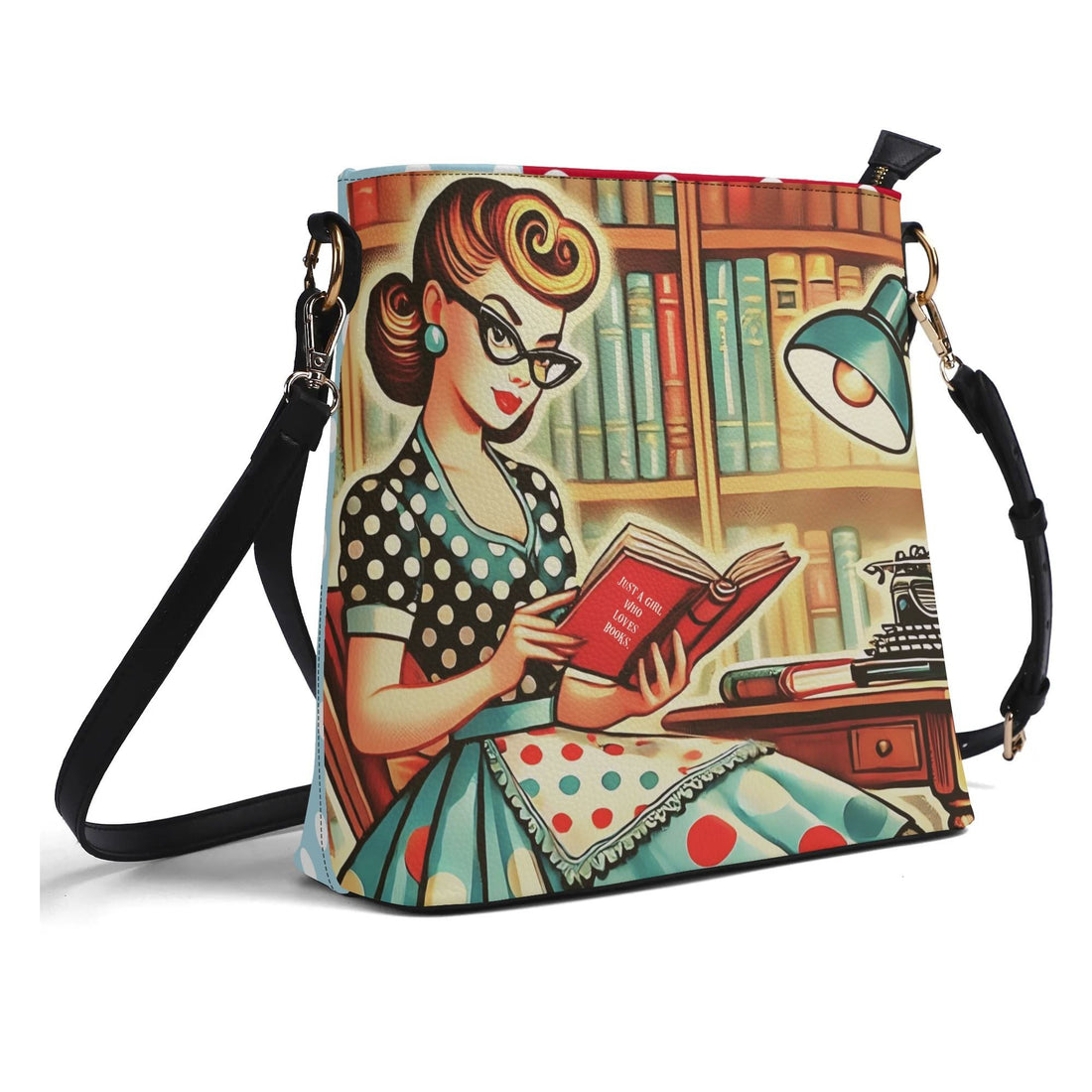 Just A Girl Who Loves Books Retro Bucket Bag, Kitschy Fun Book Lover Bag