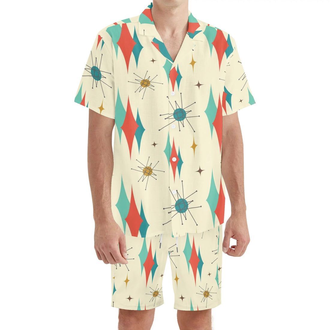 Mid Century Modern Franciscan Designed, Dapper Gentlemmens Regular Fit Hawaiian Short Sleeve Shirt and Shorts Set