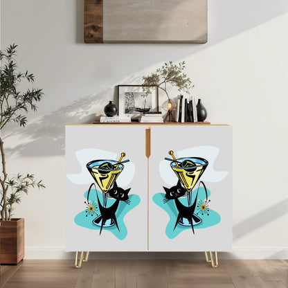 Mid Century Modern Credenza Sideboard, Atomic Martini Cat, Retro Mod Wooden Storage Cabinet - Mid Century Modern Gal