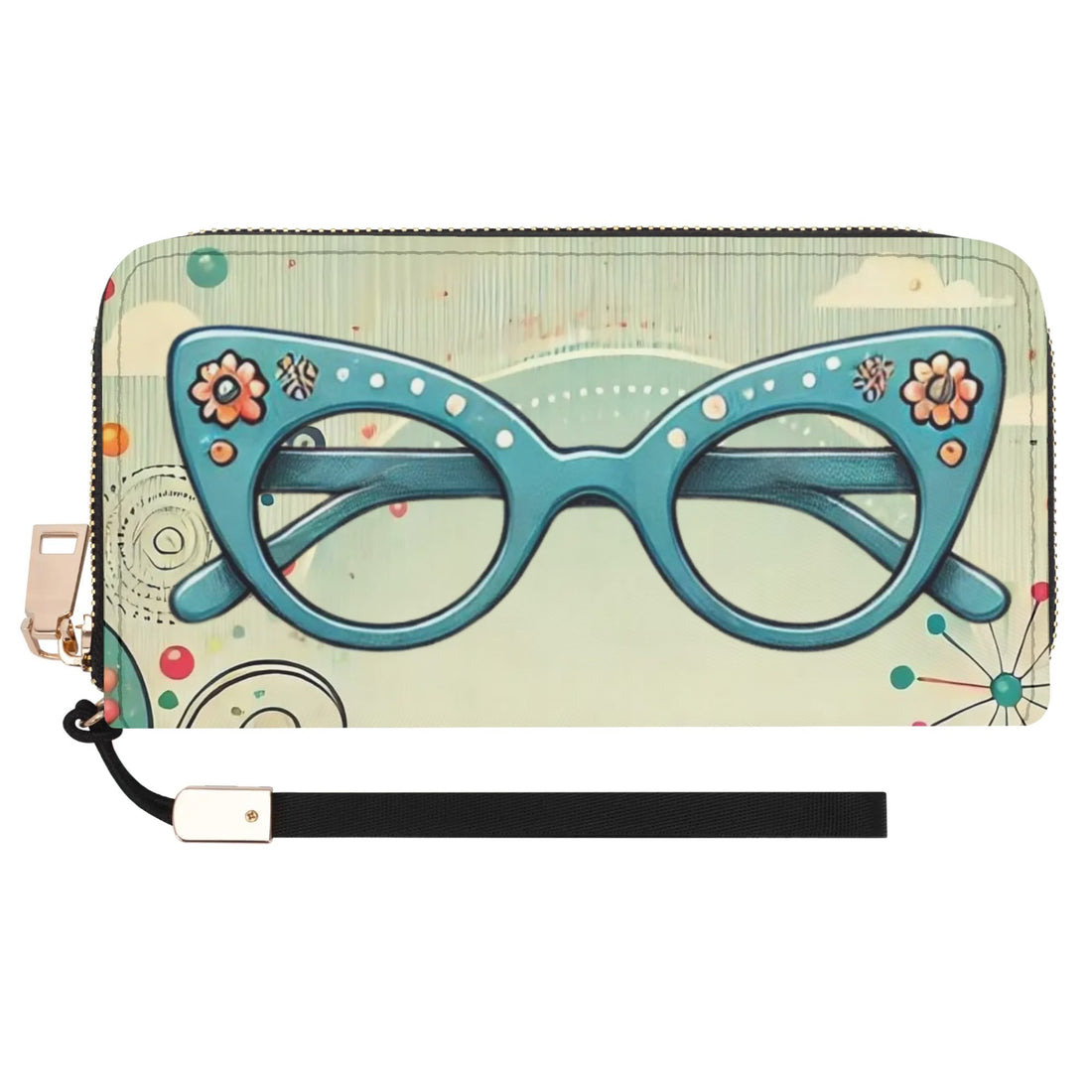 50s Cat Eye Glasses, Kitschy Retro Zipper Wristlet Wallet