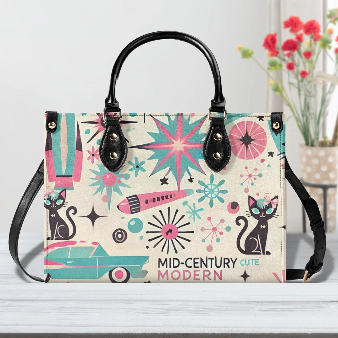 Coquette Bowed Atomic Kitties, Mid Century Modern Kitsch Handbag