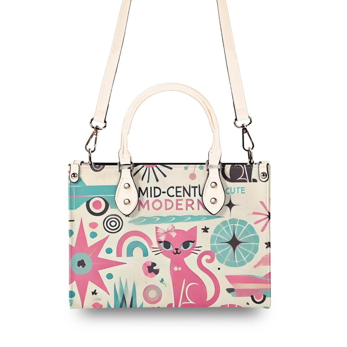 Coquette Bowed Atomic Kitties, Mid Century Modern Kitsch Handbag - Mid Century Modern Gal