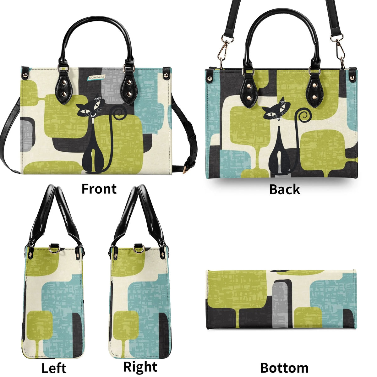 Mid Century Modern Atomic Cat, Mid Mod Geometric Aqua, Green Handbag - Mid Century Modern Gal
