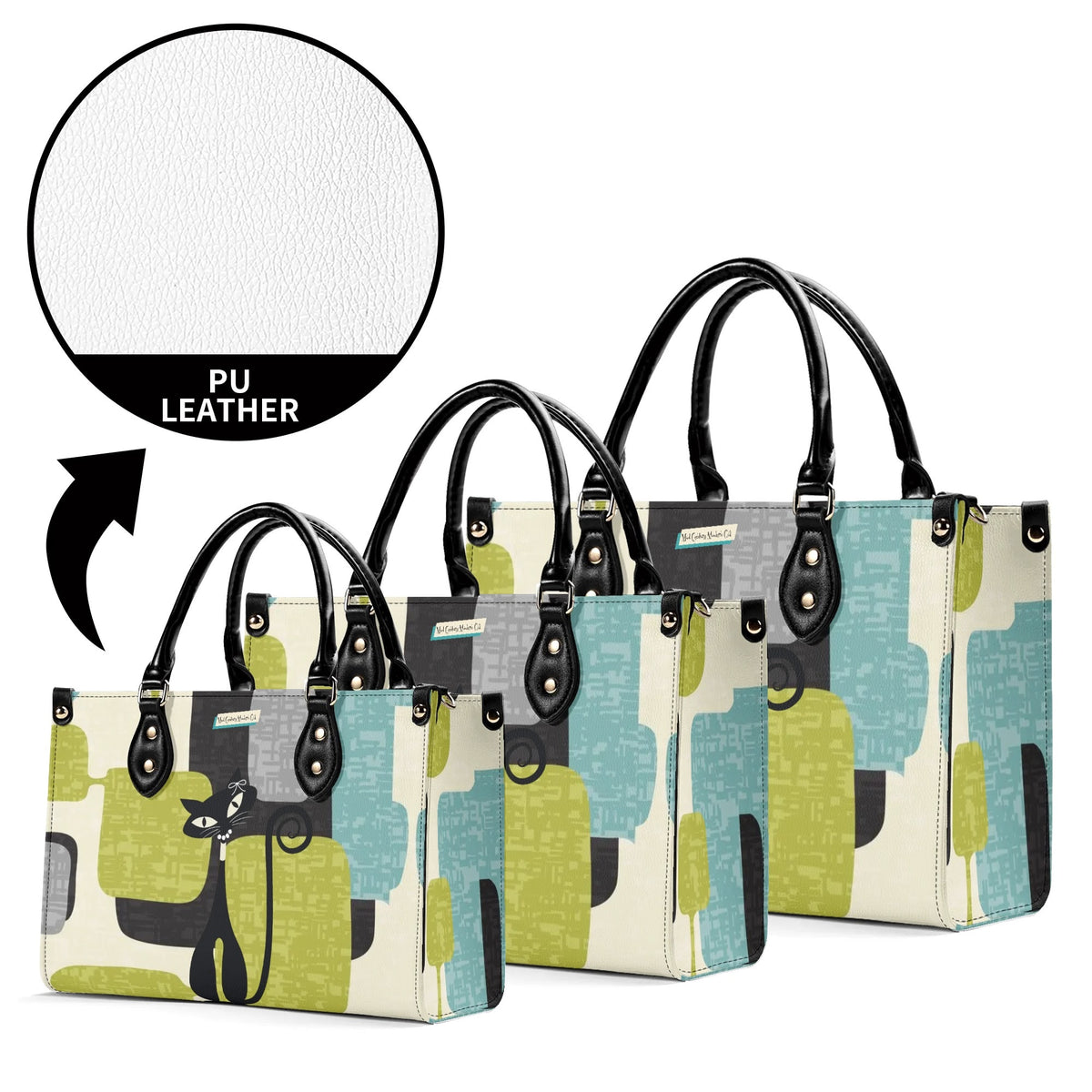 Mid Century Modern Atomic Cat, Mid Mod Geometric Aqua, Green Handbag - Mid Century Modern Gal