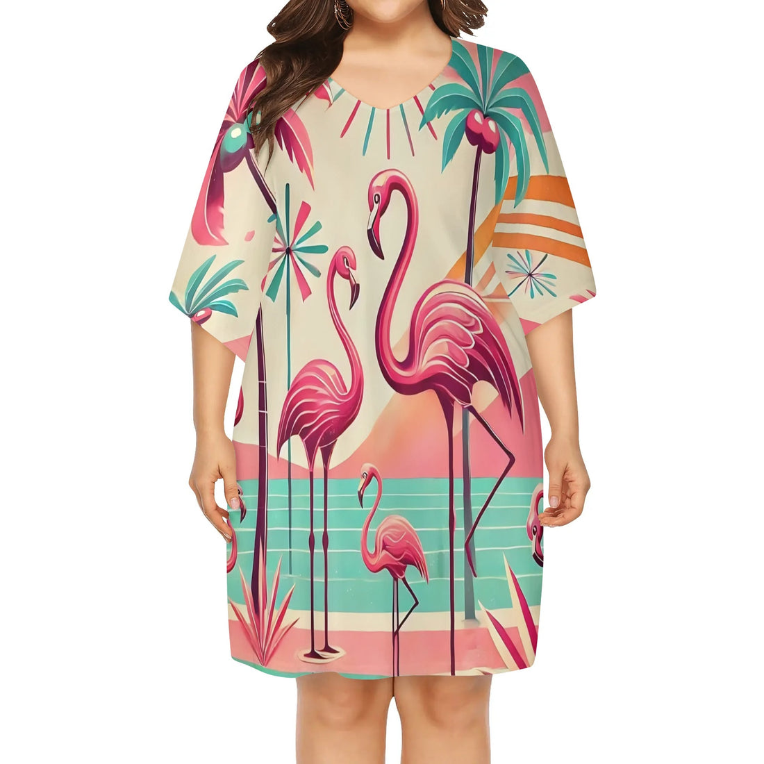 50s Flamingo Dress, Palm Springs Cali Womens V-Neck Plus Size Loose Dress - Mid Century Modern Gal