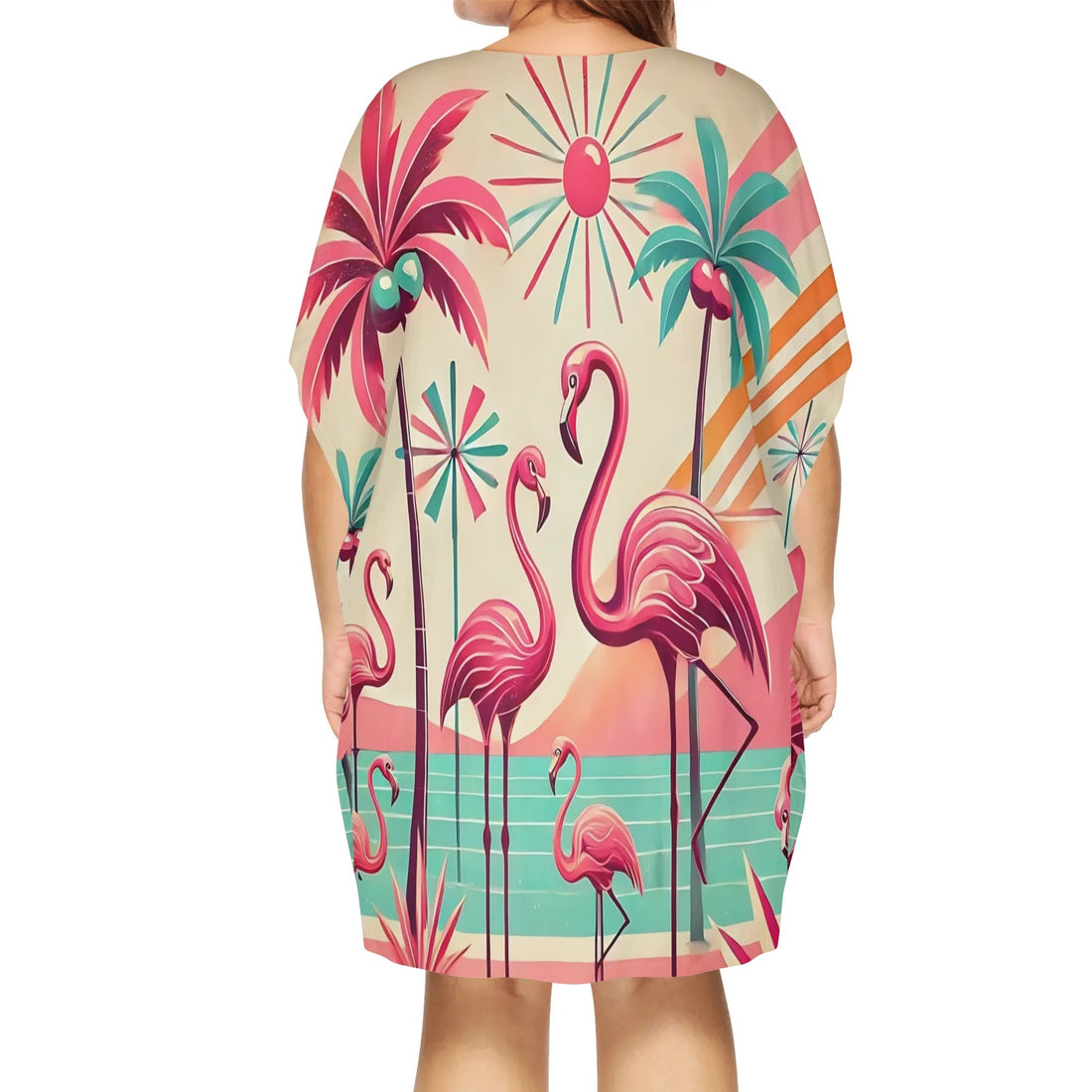 50s Flamingo Dress, Palm Springs Cali Womens V-Neck Plus Size Loose Dress - Mid Century Modern Gal