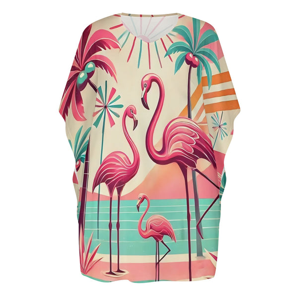 50s Flamingo Dress, Palm Springs Cali Womens V-Neck Plus Size Loose Dress