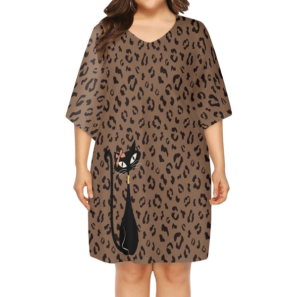 50s Leopard Print, Retro Mod Womens V-Neck Plus Size Loose Dress