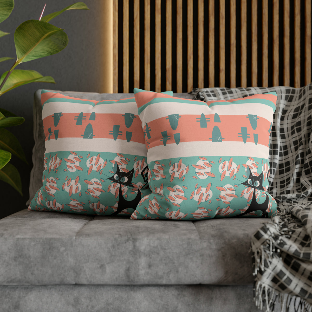 50s Nostalgic Atomic Cat Mid Century Modern Aqua, Coral Pink Peach, Kitschy Mid Century Modern Pillow Cover ONLY - Mid Century Modern Gal