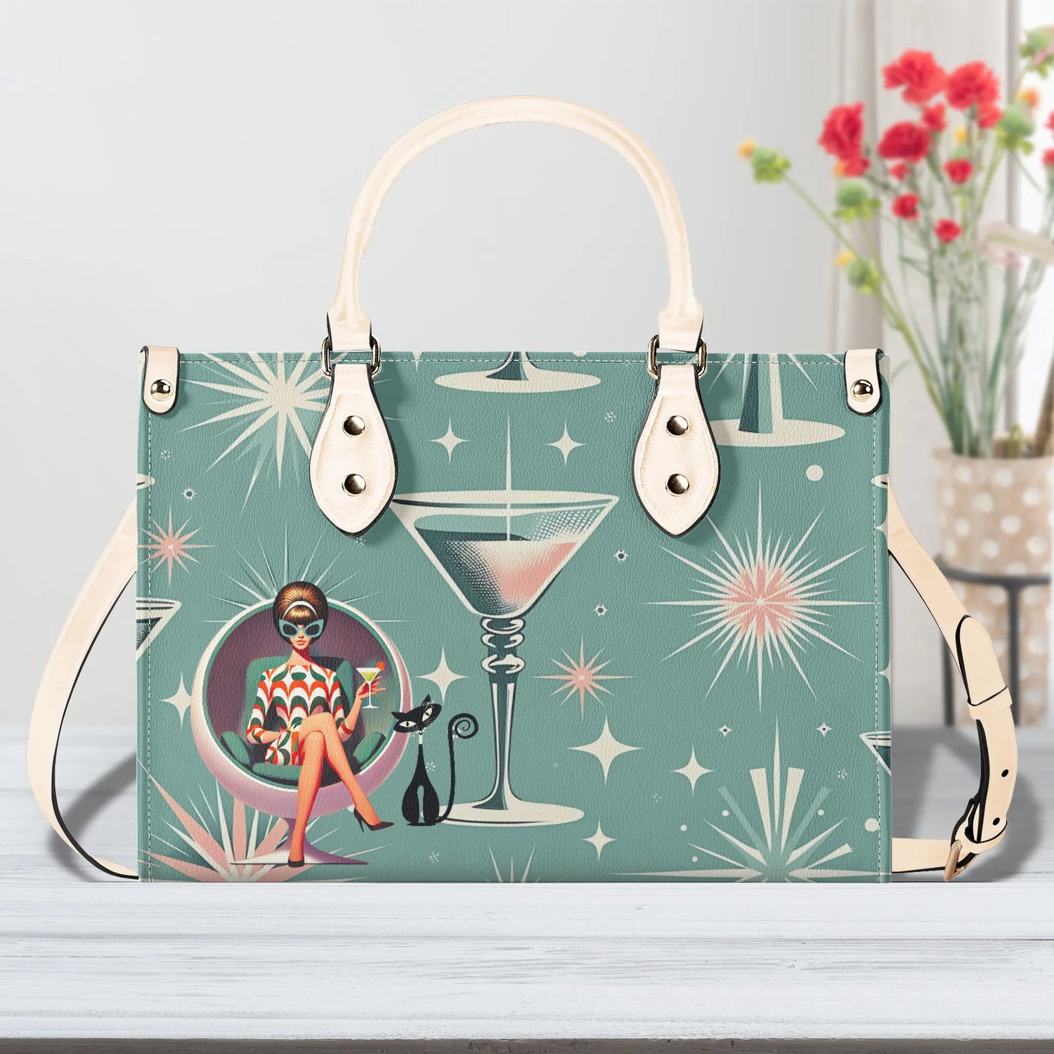 Mid Century Modern Gal, Mod 50s Atomic Kittie Martini Retro Kitschy Luxury Handbag Or Shoulder Bag