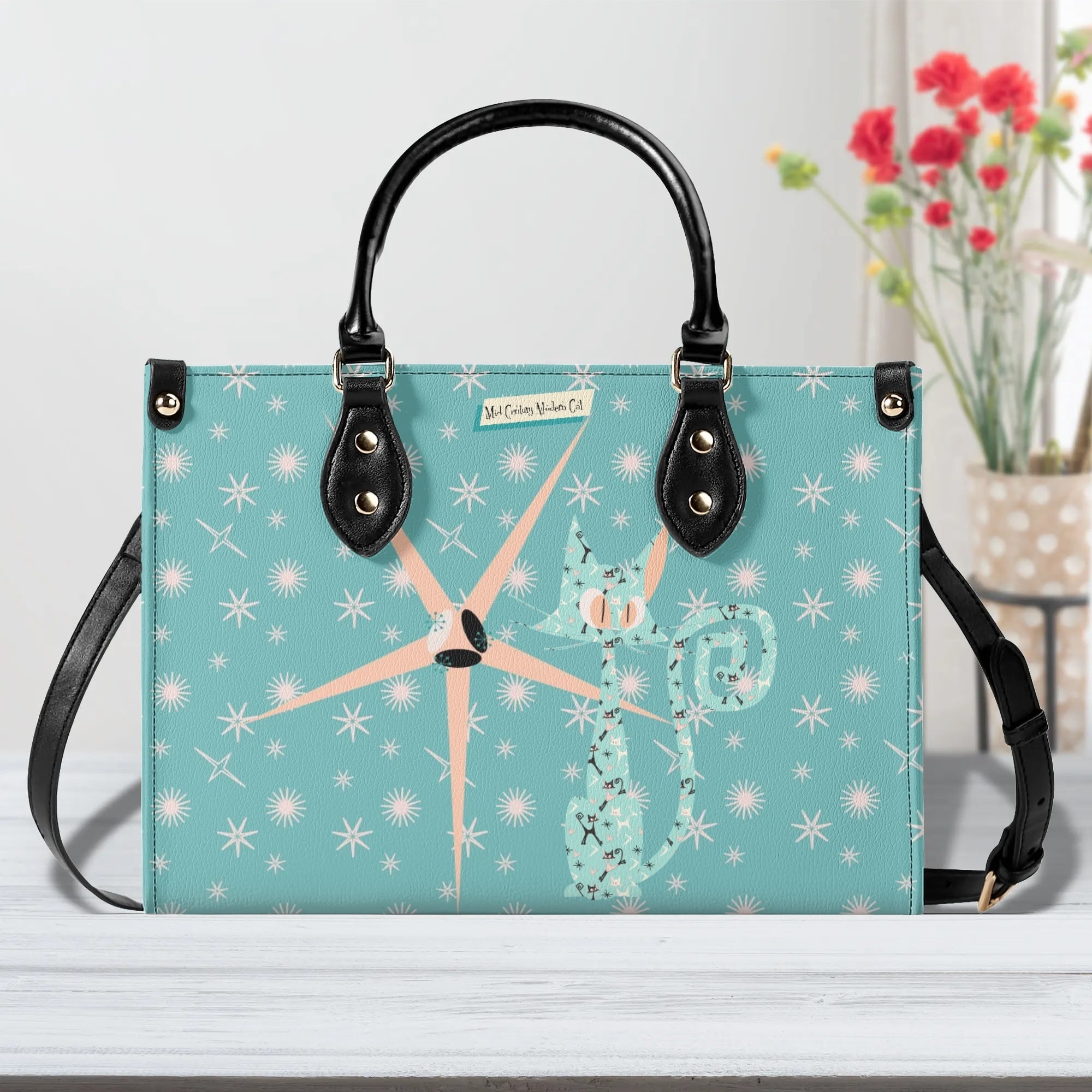 Mid Century Modern Atomic Kittie, Kitschy Quirky Funky Handbag, Shoulder Bag, Aqua, Coral, MCM Apparel