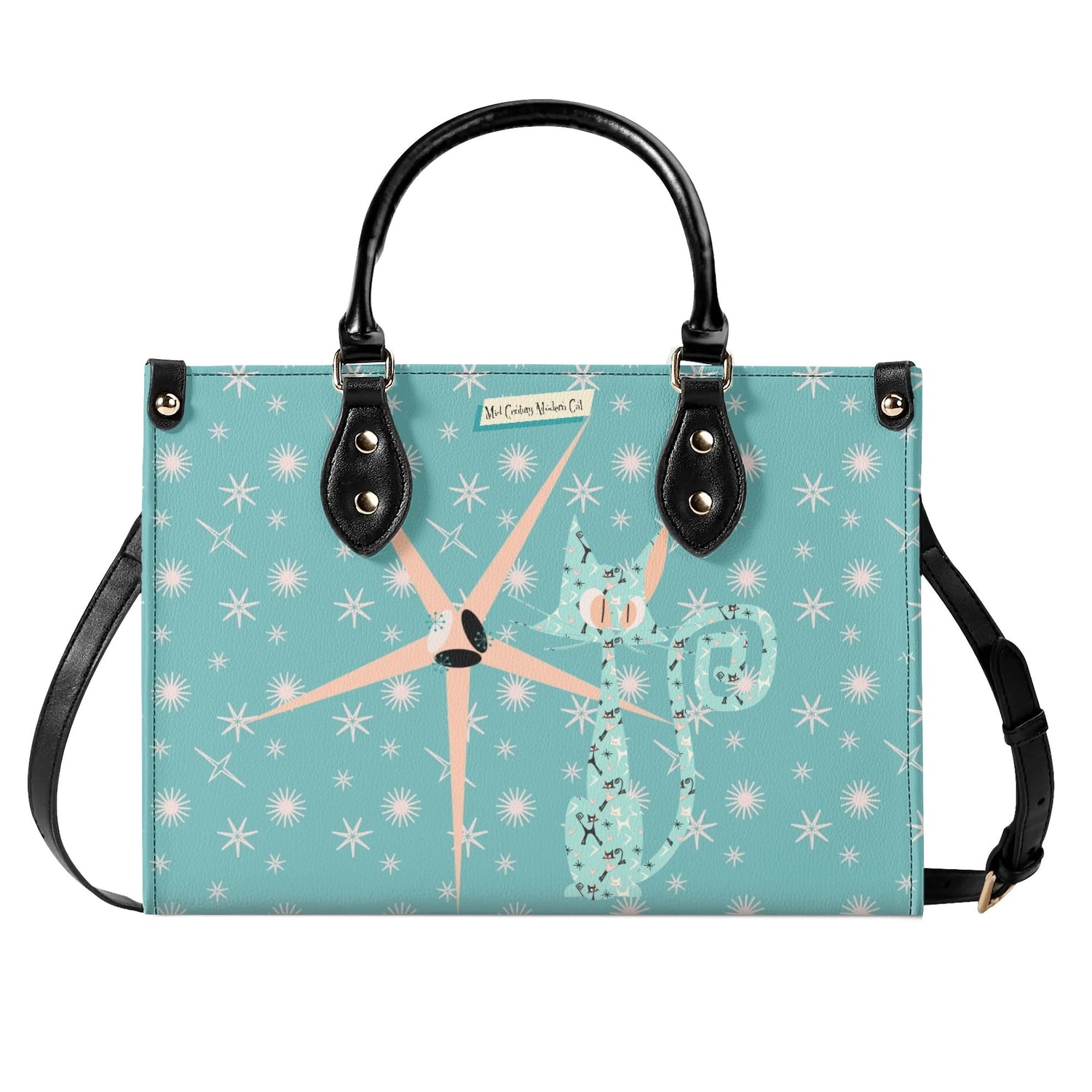 Mid Century Modern Atomic Kittie, Kitschy Quirky Funky Handbag, Shoulder Bag, Aqua, Coral, MCM Apparel