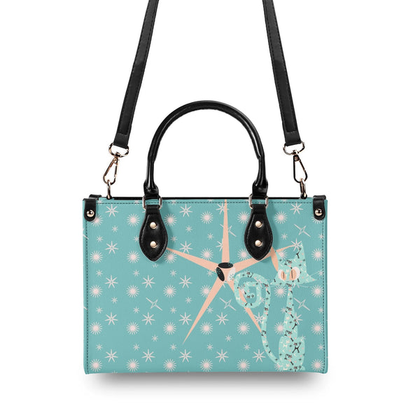 Mid Century Modern Atomic Kittie, Kitschy Quirky Funky Handbag, Shoulder Bag, Aqua, Coral, MCM Apparel