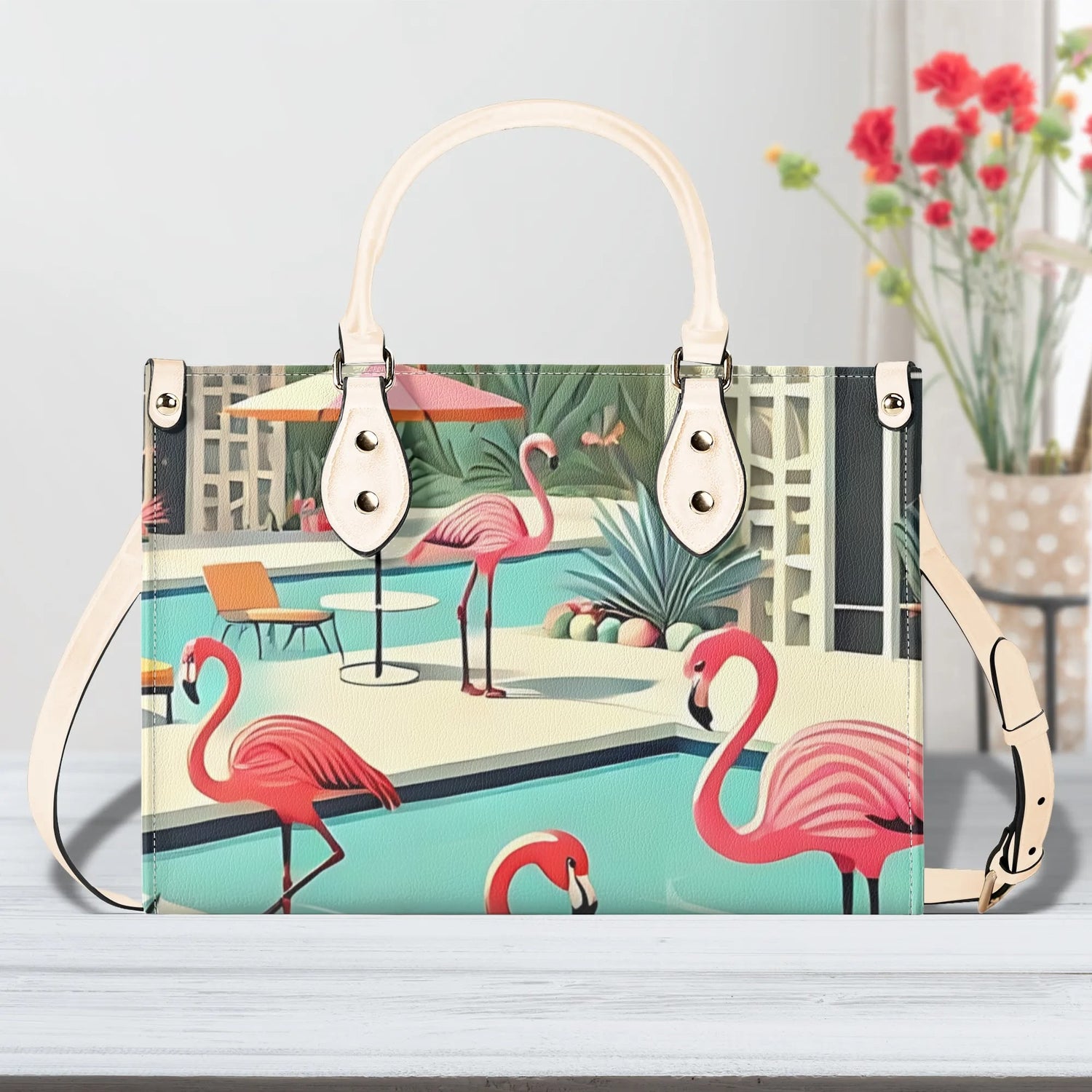 Palm Springs California Purse, Handbag, Shoulder Bag Mod Kitschy 50s Flamingo Bag