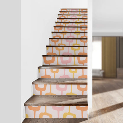 Mid Mod Geometric Pink, Orange, Yellow Retro Stair Peel And Stick Risers